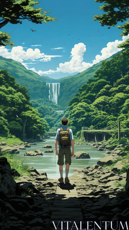 Captivating Anime Art: A Man's Journey under a Majestic Waterfall AI Image