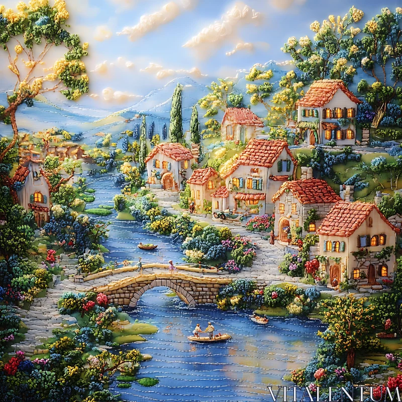 AI ART Idyllic Riverside Village Art