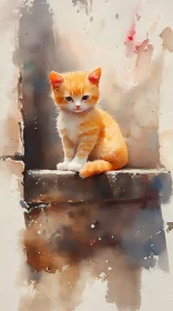 Watercolor Painting of a Fluffy Orange Kitten