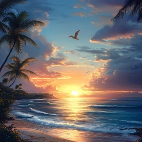 Seaside Sunset with Palm Trees and Birds