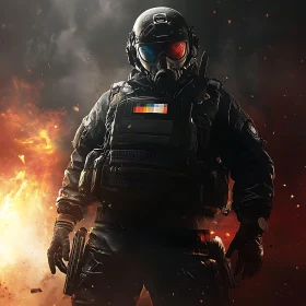 Soldier in Tactical Gear with Fire Background