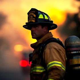 Brave Firefighter at Sunset