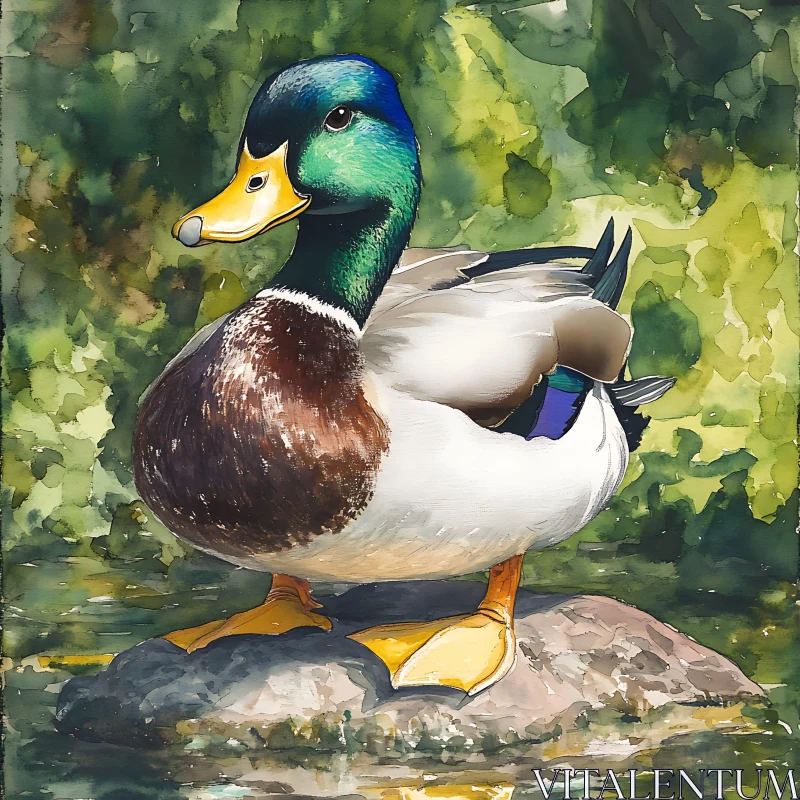 Watercolor Duck on a Stone AI Image