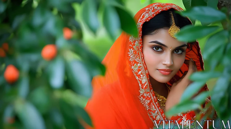 Woman in Orange Saree Behind Green Leaves AI Image