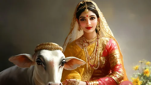 Portrait of Woman and Cow with Golden Crown