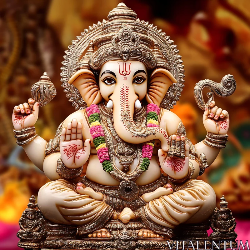 Ganesha Statue with Golden Ornaments AI Image