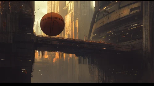 Urban Bridge Scene with Oversized Ball