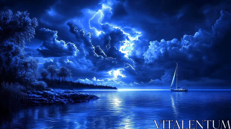 Night Sailboat on the Sea AI Image