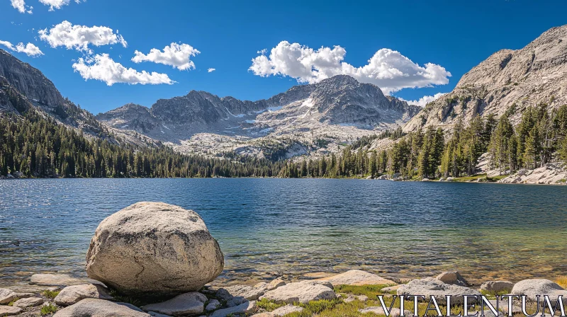 AI ART Tranquil Lake and Mountain Landscape with Foreground Boulder