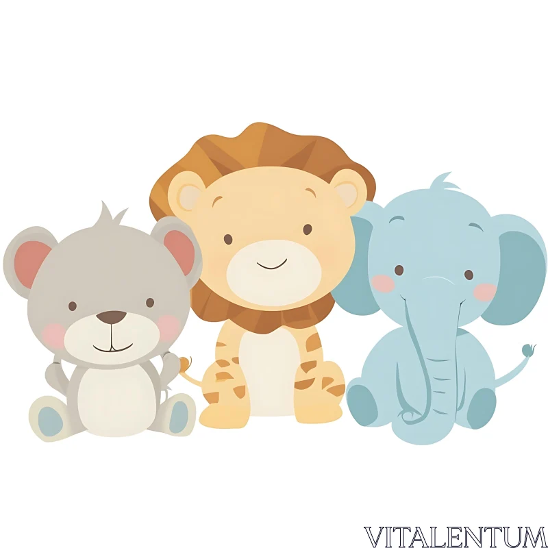 Adorable Cartoon Mouse, Lion, and Elephant Illustration AI Image