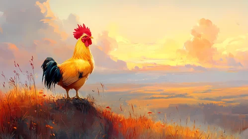 Rooster Overlooking Sunrise Landscape