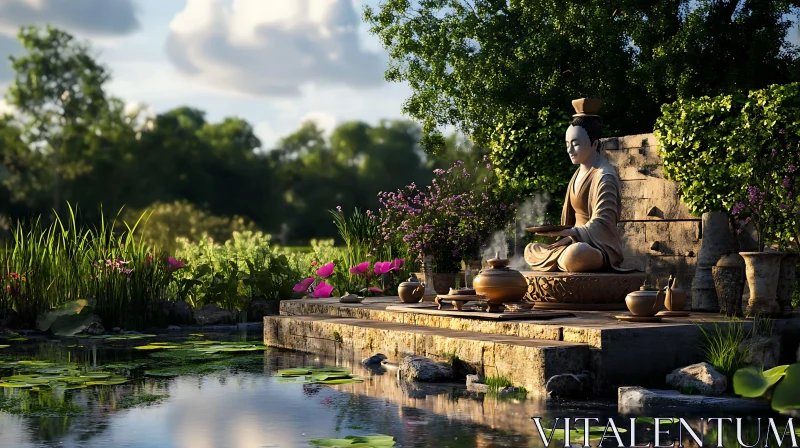 Peaceful Statue by the Pond AI Image