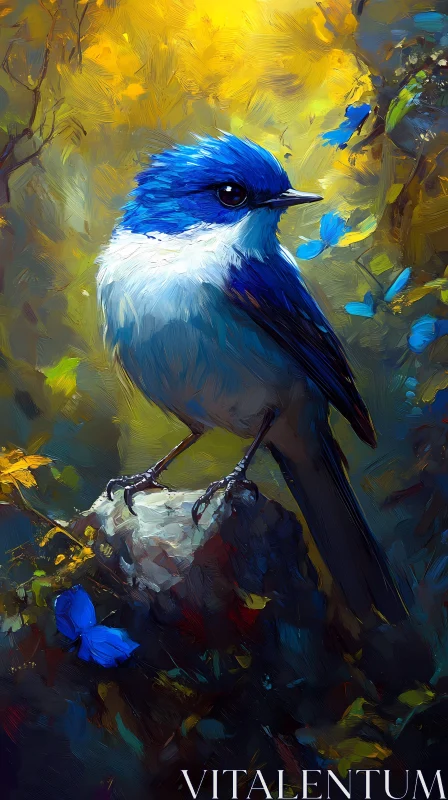 Blue Bird with Butterflies in Natural Setting AI Image