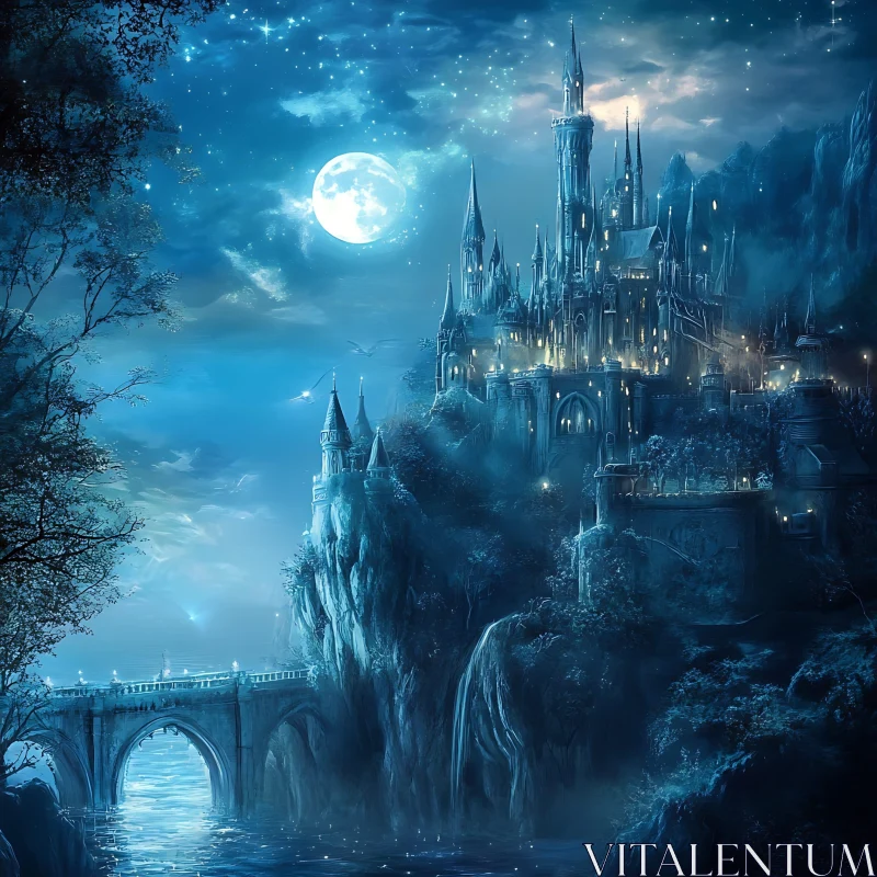 AI ART Fantasy Castle Under Moonlight