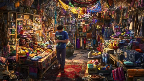 Man Shopping in a Bustling Bazaar