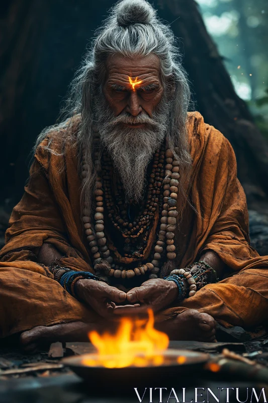 Serene Man Meditating Near Fire AI Image