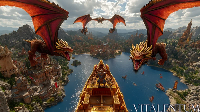 Dragons Flight Above Golden Boat AI Image