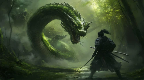 Warrior Confronts Dragon in Ancient Forest