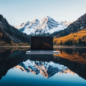 Serene Technology: Laptop Amidst Mountain Landscape