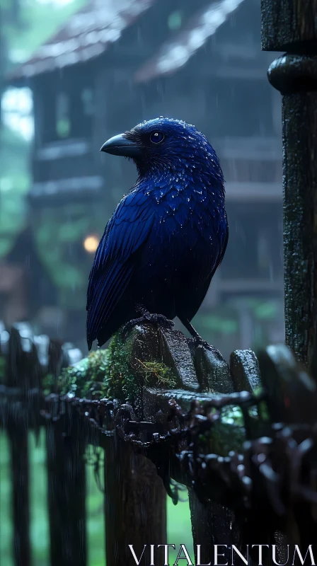 Blue Bird Perched in Rain AI Image