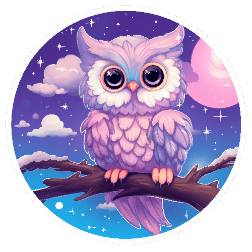 Charming Cartoon Owl on Moonlit Branch - Night Sky Art