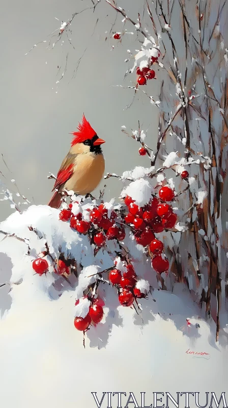 Cardinal Perched Amidst Snowy Berries AI Image