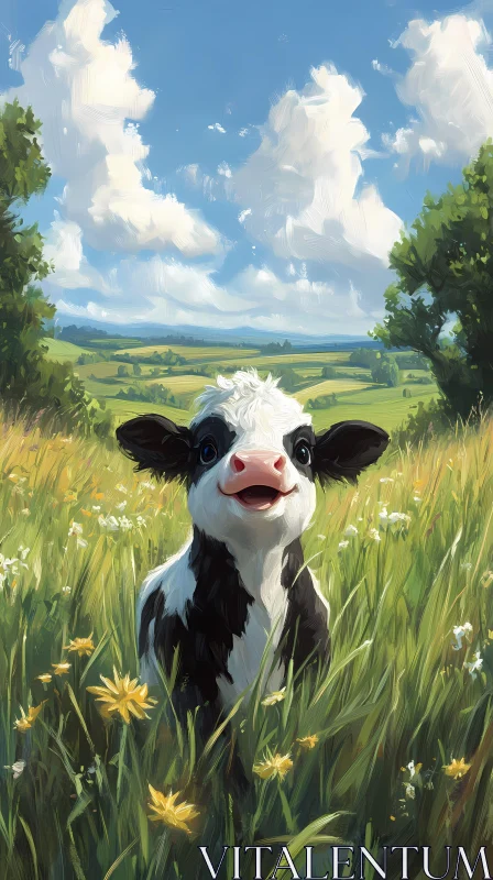 Happy Cow in Nature AI Image