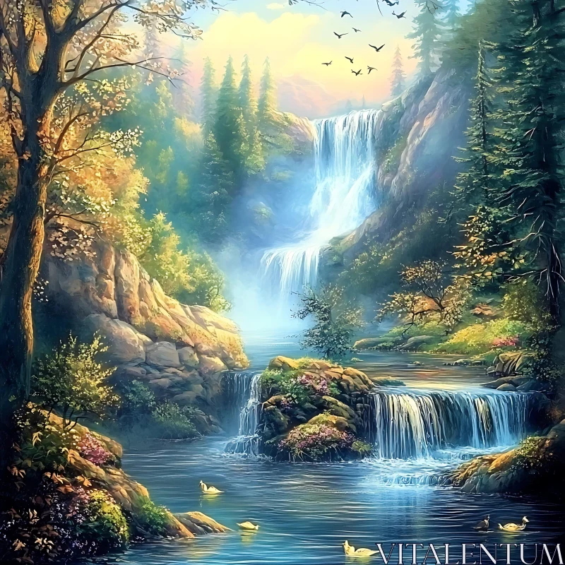 Serene Multi-Tiered Waterfall in Vibrant Forest AI Image