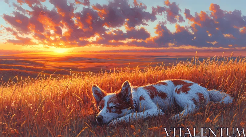 Tranquil Canine in Golden Sunset Landscape AI Image