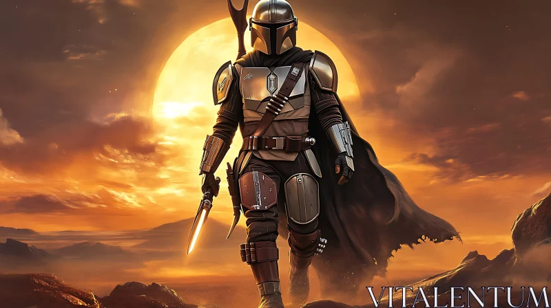 Sunset Warrior in Metallic Armor AI Image