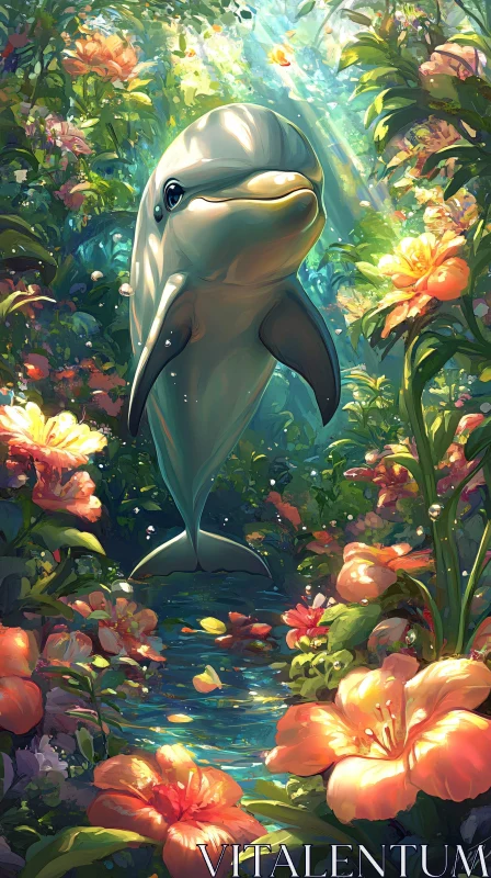 Dolphin Amidst Blossoms AI Image