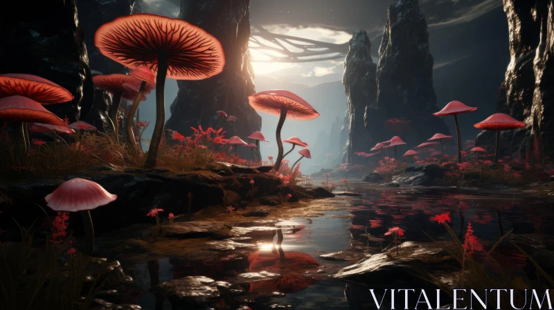 Enchanted Mushroom Forest in Starlit Night - Surreal Artwork AI Image