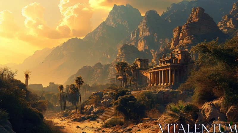 Enchanting Desert Canyon with Ruined Temple | Nature Art AI Image
