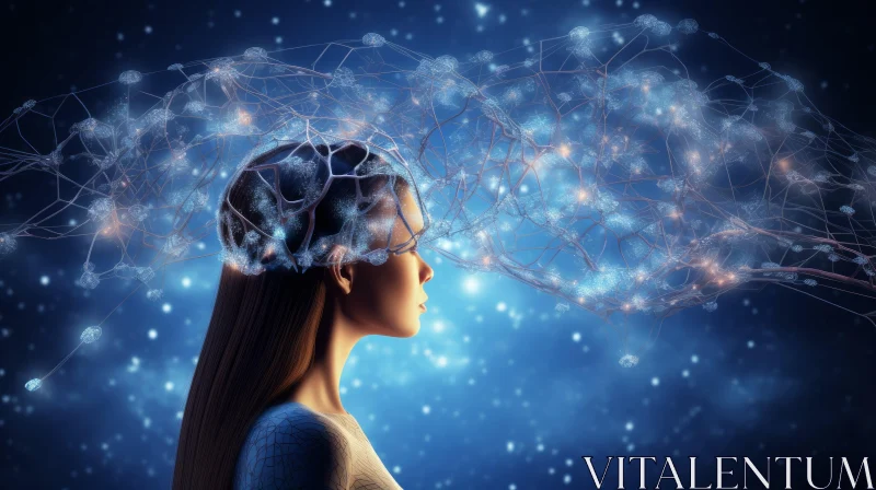 AI ART Ethereal Art: Woman's Head Surrounded by Brain Networks on Space Background