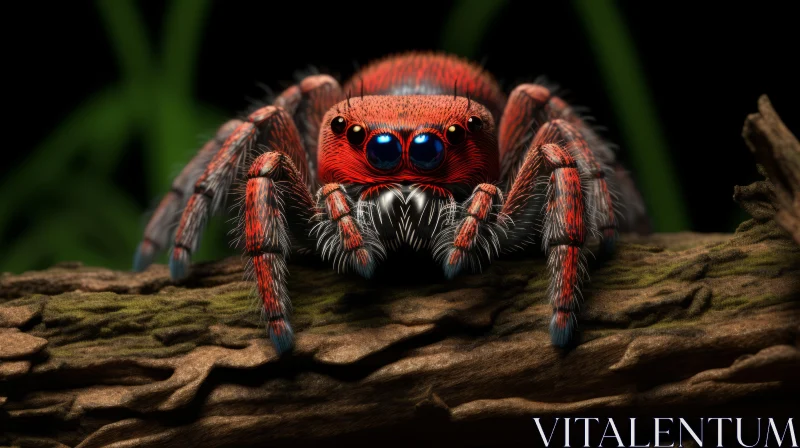 Red Spider with Blue Eyes perched on a Log - Intricate Realism Art AI Image
