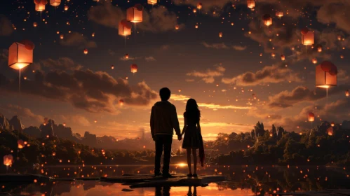 Romantic Anime Scene with Paper Lanterns at Sunset