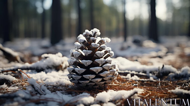 Snow-Covered Pine Cone in Forest - An Emblem of Winter AI Image