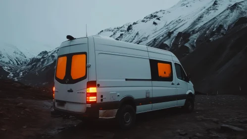 Van Parked in the Mountains: Dark White and Amber | Nature Wonders