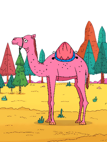 Whimsical Cartoon Illustration of Pink Camel in Desert POD Design