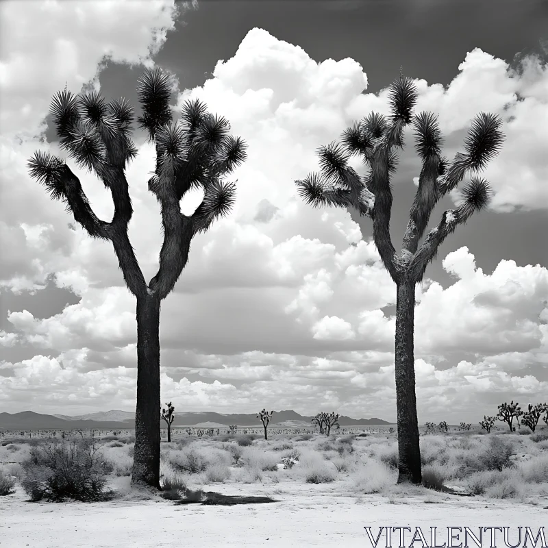 Black and White Desert Scene with Joshua Trees AI Image