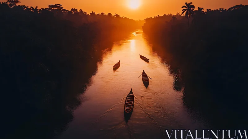 Sunset Boats on Calm River AI Image