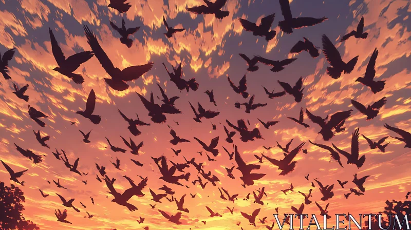 Sunset Sky with Birds in Flight AI Image