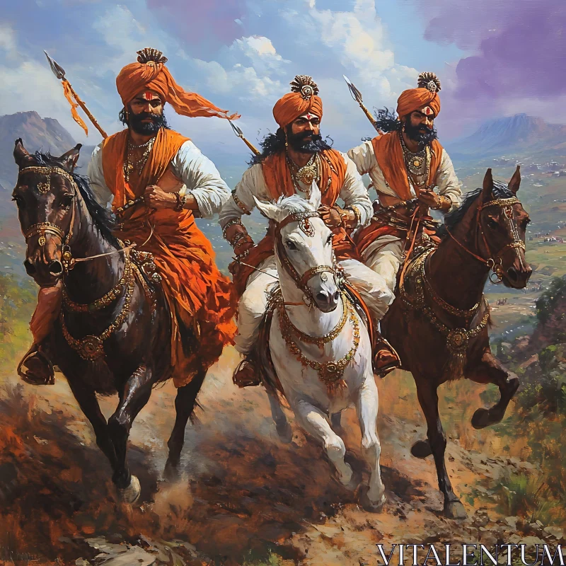 Galloping Warriors on Horses Painting AI Image