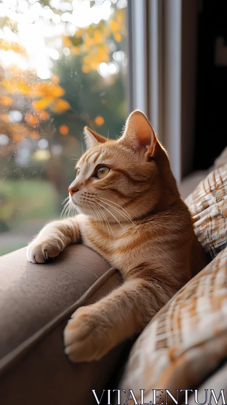 Peaceful Cat by Window with Autumn Light AI Image