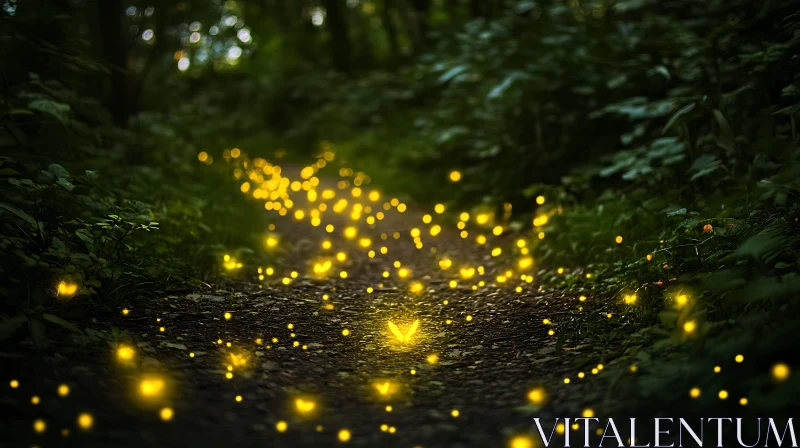 AI ART Glowing Fireflies in Dark Forest Trail