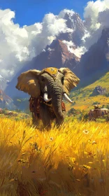 Elephant Amidst Mountains and Fields