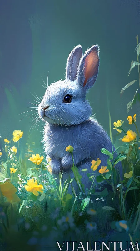 AI ART Fluffy Rabbit in a Flowering Field