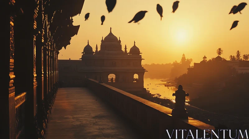 Temple at Sunrise with Birds Flying AI Image