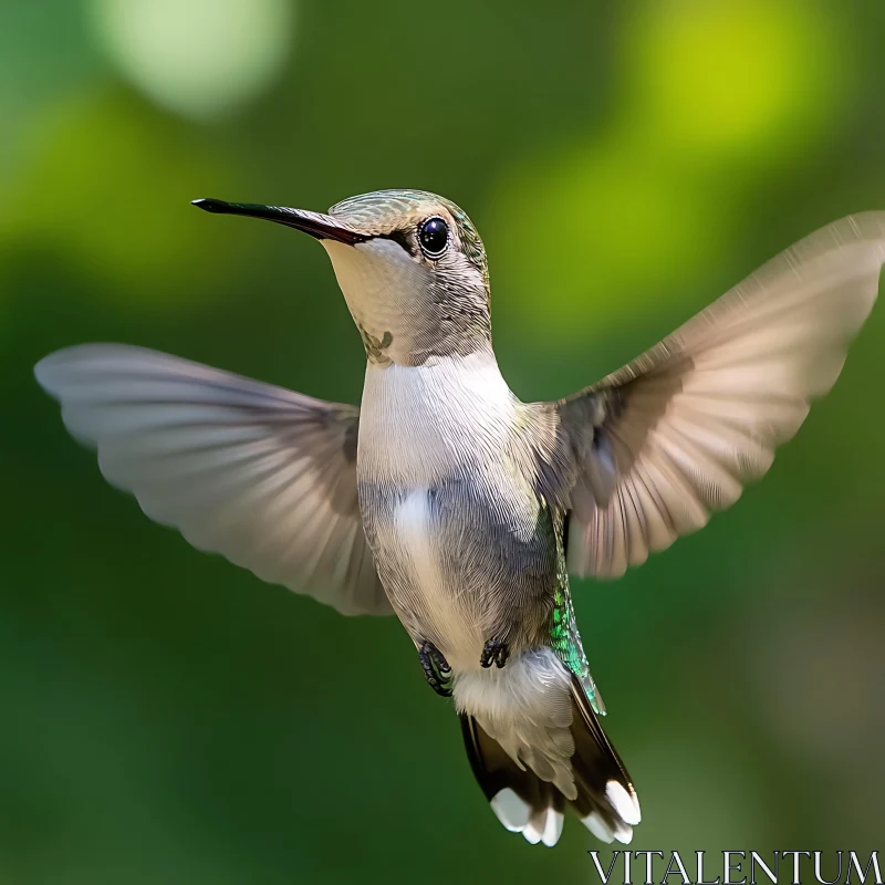 Hovering Hummingbird with Green Background AI Image