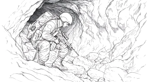 Line Art: Soldier in Cave